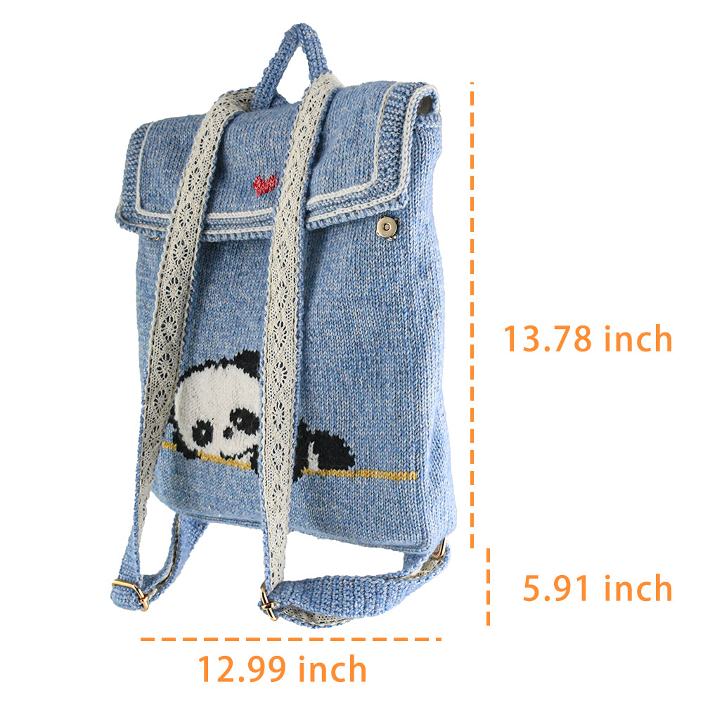 Hand-knitted blue panda backpack with a cute panda design lying on a branch and a small red heart embroidered on the flap. Lightweight and perfect for casual use.