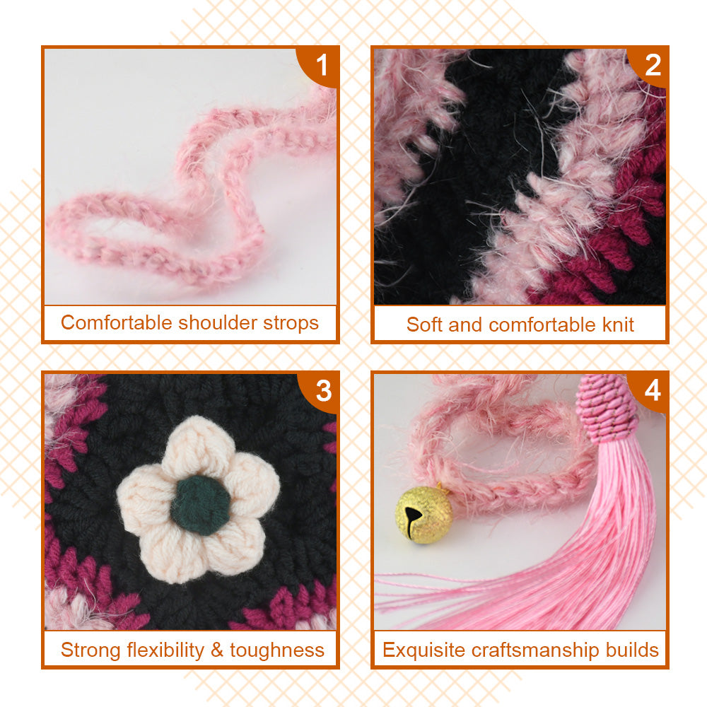 Handmade star-shaped crochet bag in pink and black with three pink tassels, white flower center, and braided shoulder strap
