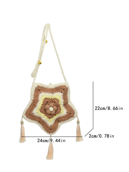 Handwoven star-shaped knit bag with soft knit material, tassel accents, and a mix of brown, white, and yellow colors, perfect for daily use or decoration.