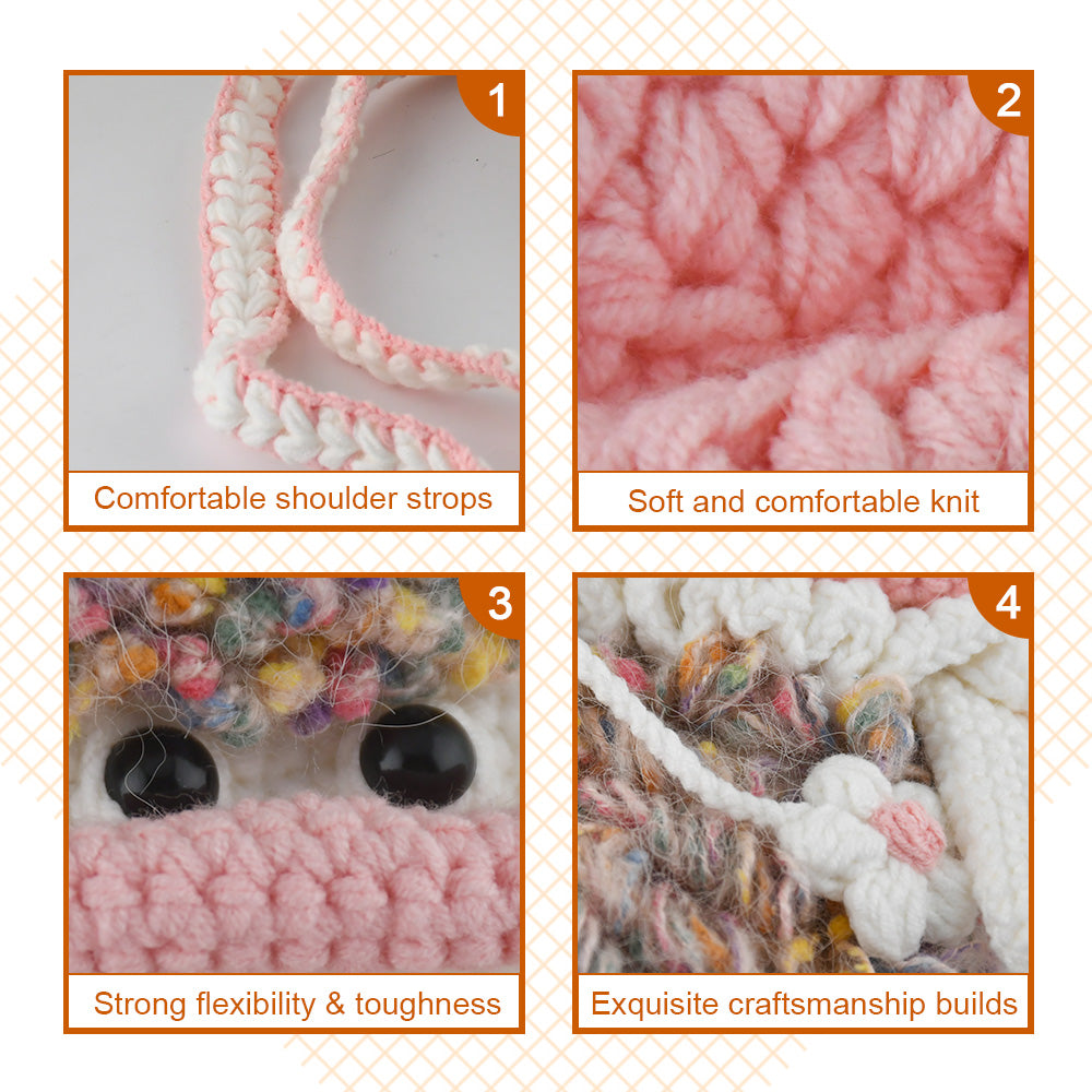 Handcrafted pink crochet doll crossbody phone pouch with zipper closure and cute facial details
