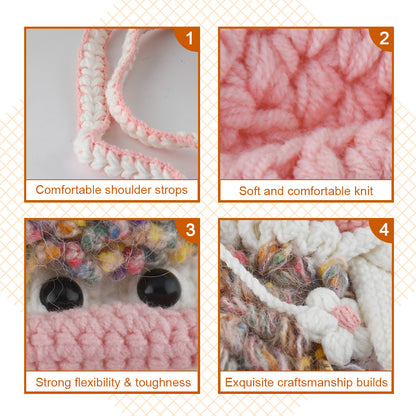 Handcrafted pink crochet doll crossbody phone pouch with zipper closure and cute facial details

