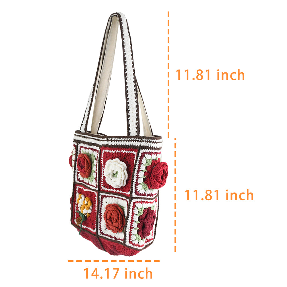 Handmade crochet tote bag featuring vibrant 3D floral patchwork in red, white, and green. Perfect for shopping, daily use, or as a stylish accessory.