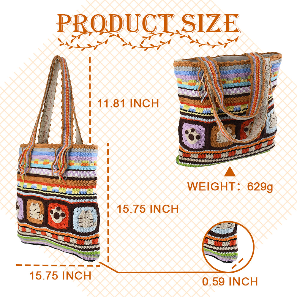 Handwoven colorful bag with cartoon animal patterns (tiger, paw prints) and vibrant striped design. Made of soft fabric, perfect for daily use or shopping.