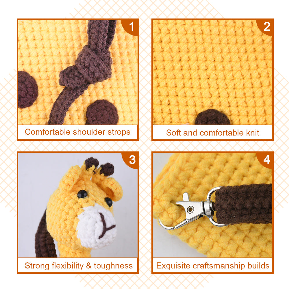 Yellow handwoven cartoon backpack made of soft knit fabric, featuring brown dot accents, a brown strap, and a cute animal-shaped zipper design.