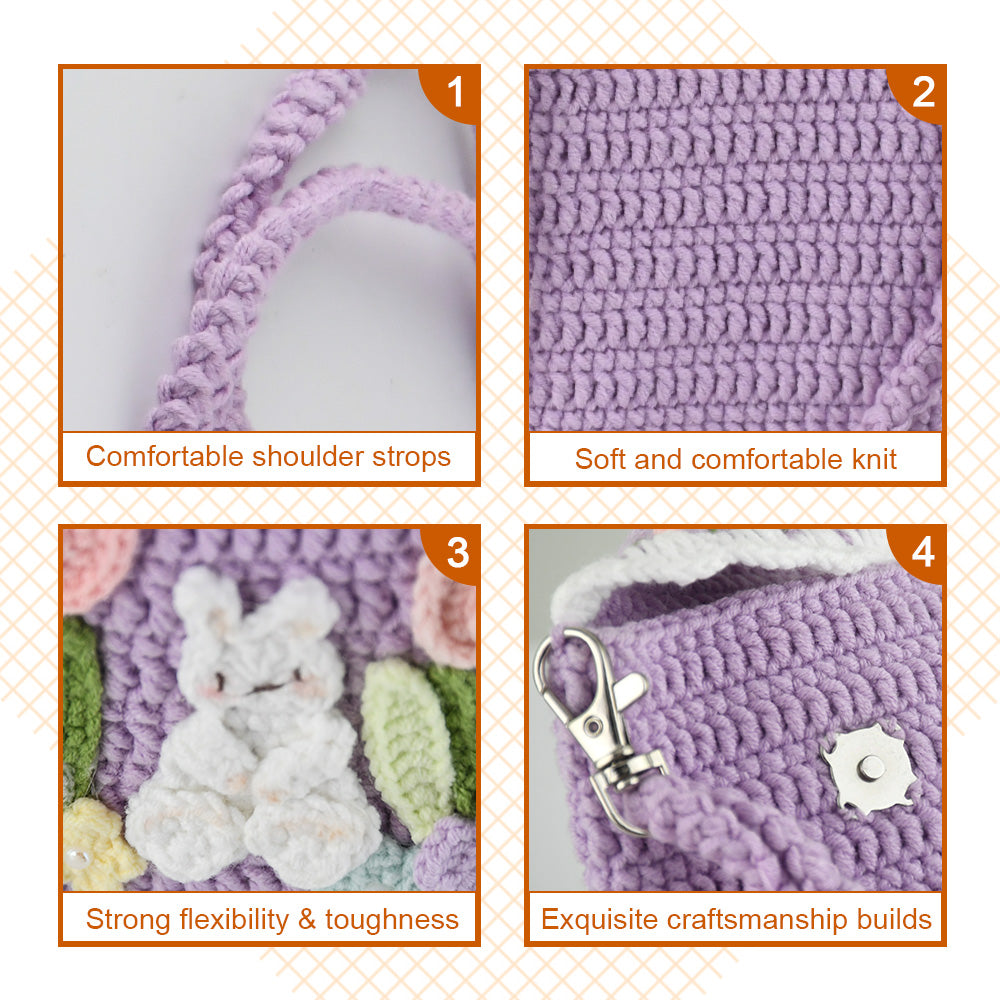 Purple crochet phone pouch with pink tulips, white bunny, and pastel flowers, featuring braided shoulder strap

