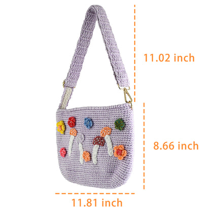 Handmade lavender crochet shoulder bag decorated with colorful mushrooms and flowers. Lightweight, eco-friendly, and perfect for daily use or travel.