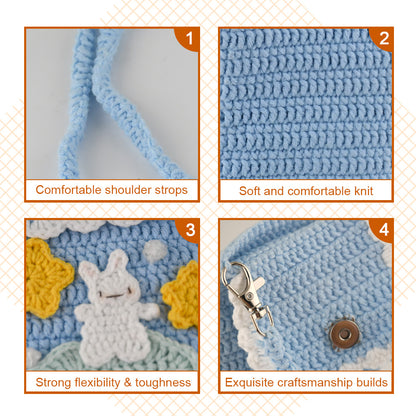 Handmade crochet phone crossbody bag in baby blue with white bunny on mint cloud applique and yellow stars, featuring scalloped white trim and braided strap

