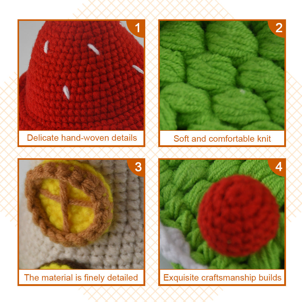 Decorative crochet toadstool cottage featuring bright red cap with white dots, beige body, and green circular base
