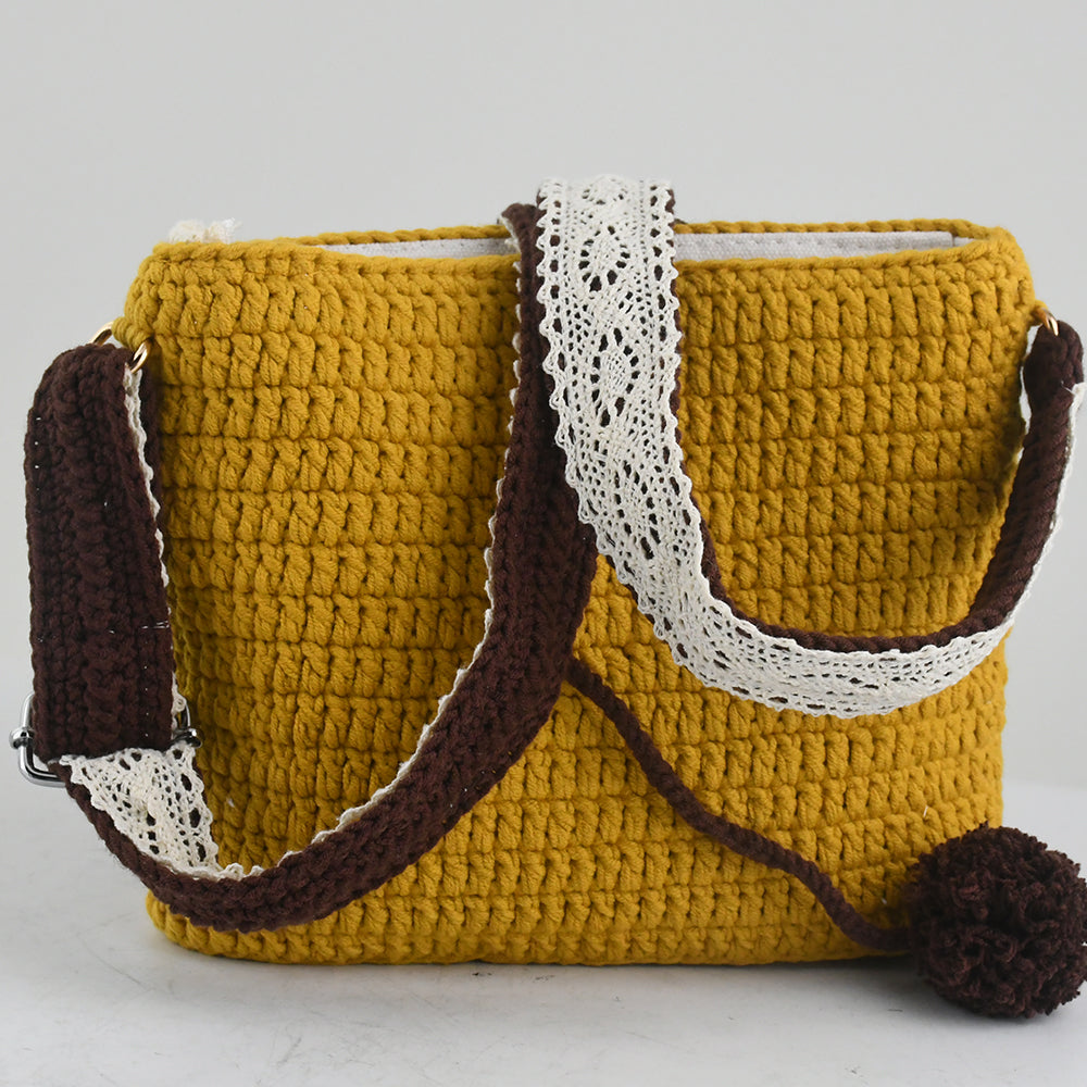 Handmade crochet lion face shoulder bag with a unique and adorable design, featuring yellow, brown, and white colors, lightweight and durable, perfect for animal lovers and creative fashion styles.