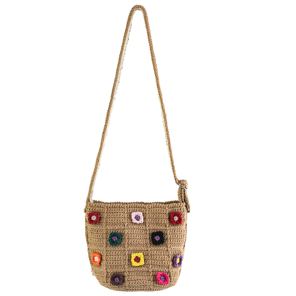 Handmade crochet shoulder bag with a beige base and colorful 3D floral square patterns. Features a soft adjustable strap and spacious interior, perfect for daily use, shopping, or travel.