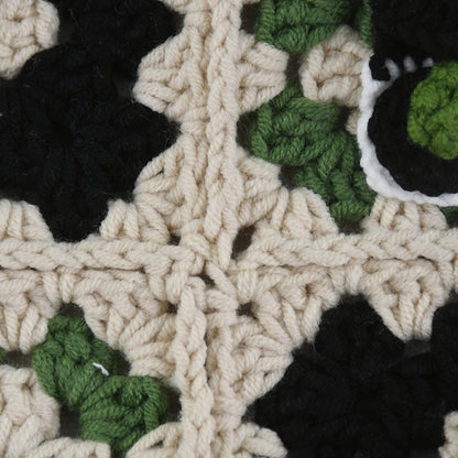 Handmade crochet patchwork bag with a beige, green, and black design. Features a cute panda and bamboo pattern in the center, vintage style, lightweight, and practical for shopping, travel, or daily use.