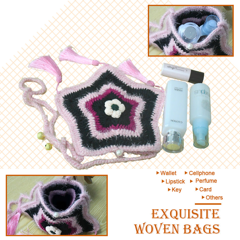Handmade star-shaped crochet bag in pink and black with three pink tassels, white flower center, and braided shoulder strap
