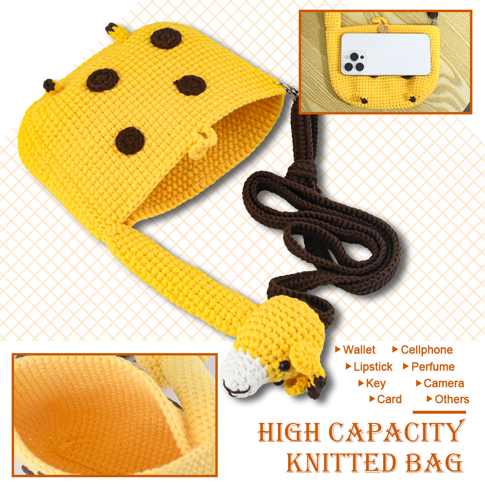 Yellow handwoven cartoon backpack made of soft knit fabric, featuring brown dot accents, a brown strap, and a cute animal-shaped zipper design.