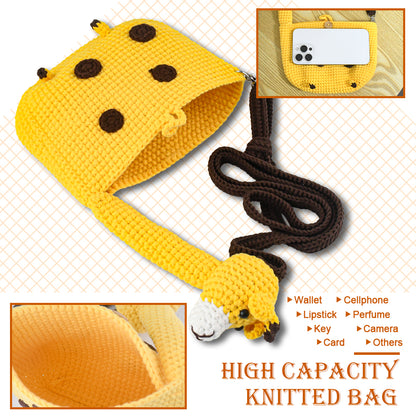 Yellow handwoven cartoon backpack made of soft knit fabric, featuring brown dot accents, a brown strap, and a cute animal-shaped zipper design.