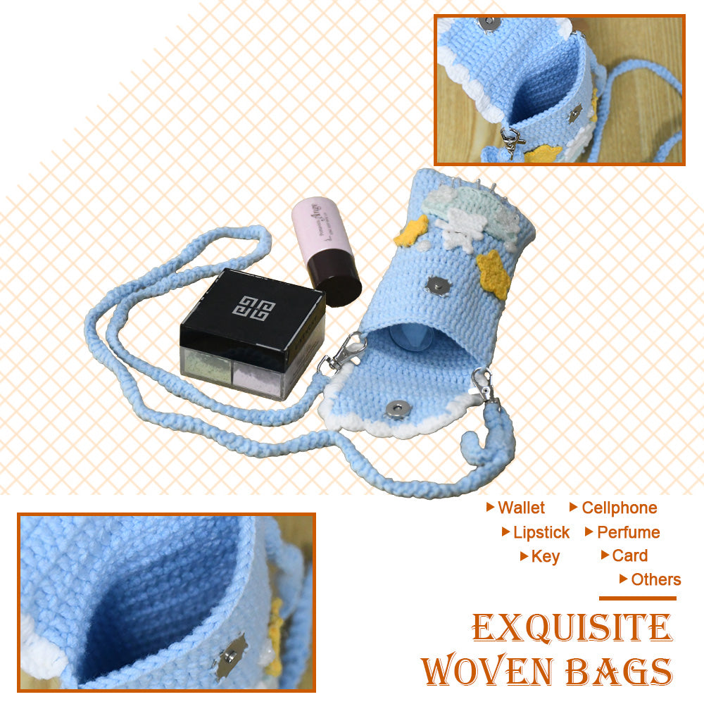 Handmade crochet phone crossbody bag in baby blue with white bunny on mint cloud applique and yellow stars, featuring scalloped white trim and braided strap
