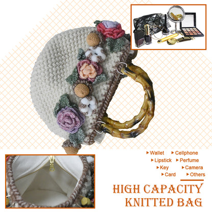 Handwoven cotton tote bag with bamboo handles, decorated with crochet flowers in pink, coral, purple and white cotton blooms, natural beige base
