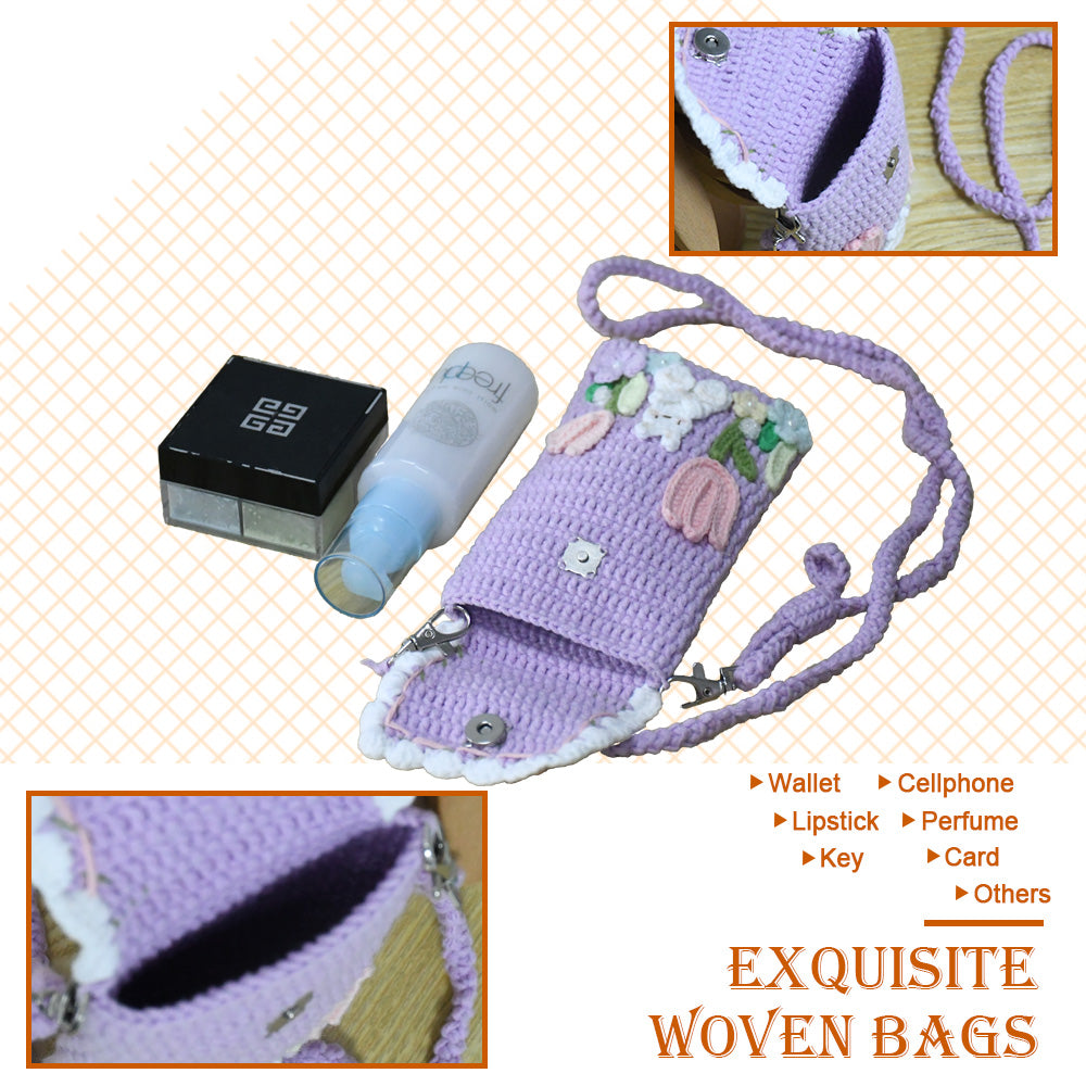 Purple crochet phone pouch with pink tulips, white bunny, and pastel flowers, featuring braided shoulder strap
