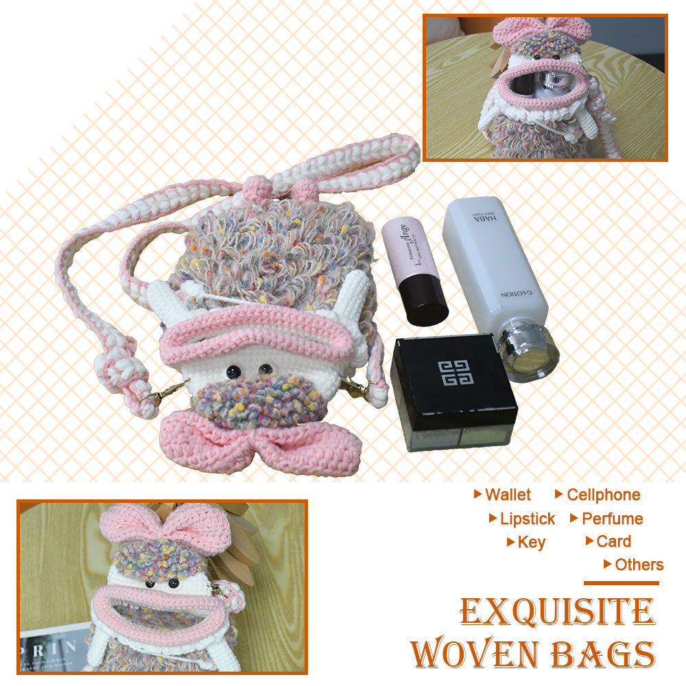 Handcrafted pink crochet doll crossbody phone pouch with zipper closure and cute facial details
