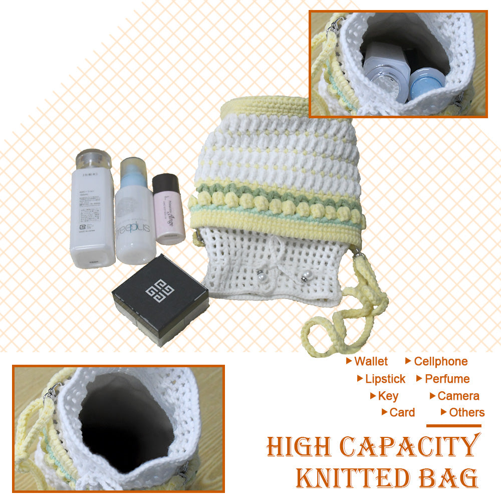 Handmade crochet bucket bag in white and yellow with pearl details, drawstring closure and adjustable shoulder strap
