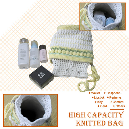 Handmade crochet bucket bag in white and yellow with pearl details, drawstring closure and adjustable shoulder strap
