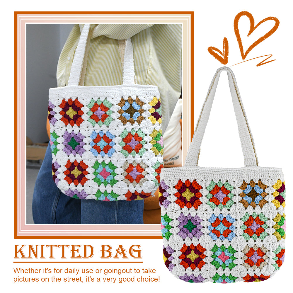 Handwoven colorful tote bag with classic square patchwork design, featuring vibrant colors and soft fabric handles, perfect for daily use or shopping.