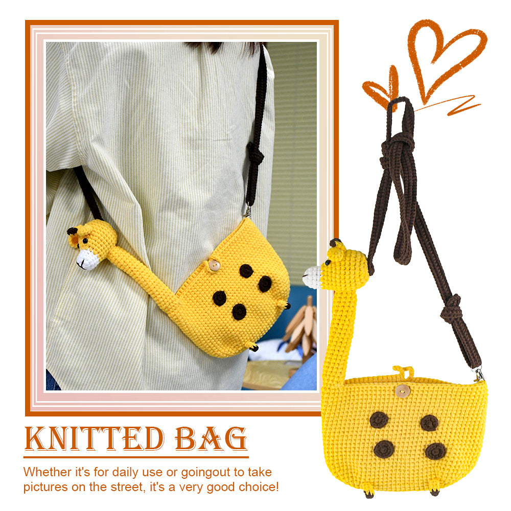 Yellow handwoven cartoon backpack made of soft knit fabric, featuring brown dot accents, a brown strap, and a cute animal-shaped zipper design.