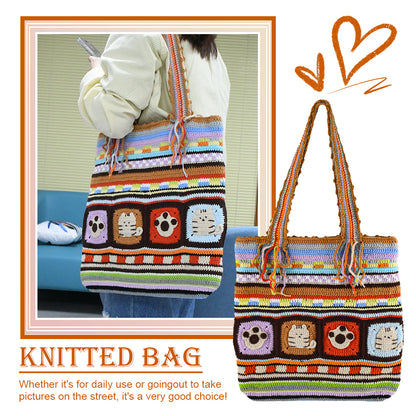 Handwoven colorful bag with cartoon animal patterns (tiger, paw prints) and vibrant striped design. Made of soft fabric, perfect for daily use or shopping.