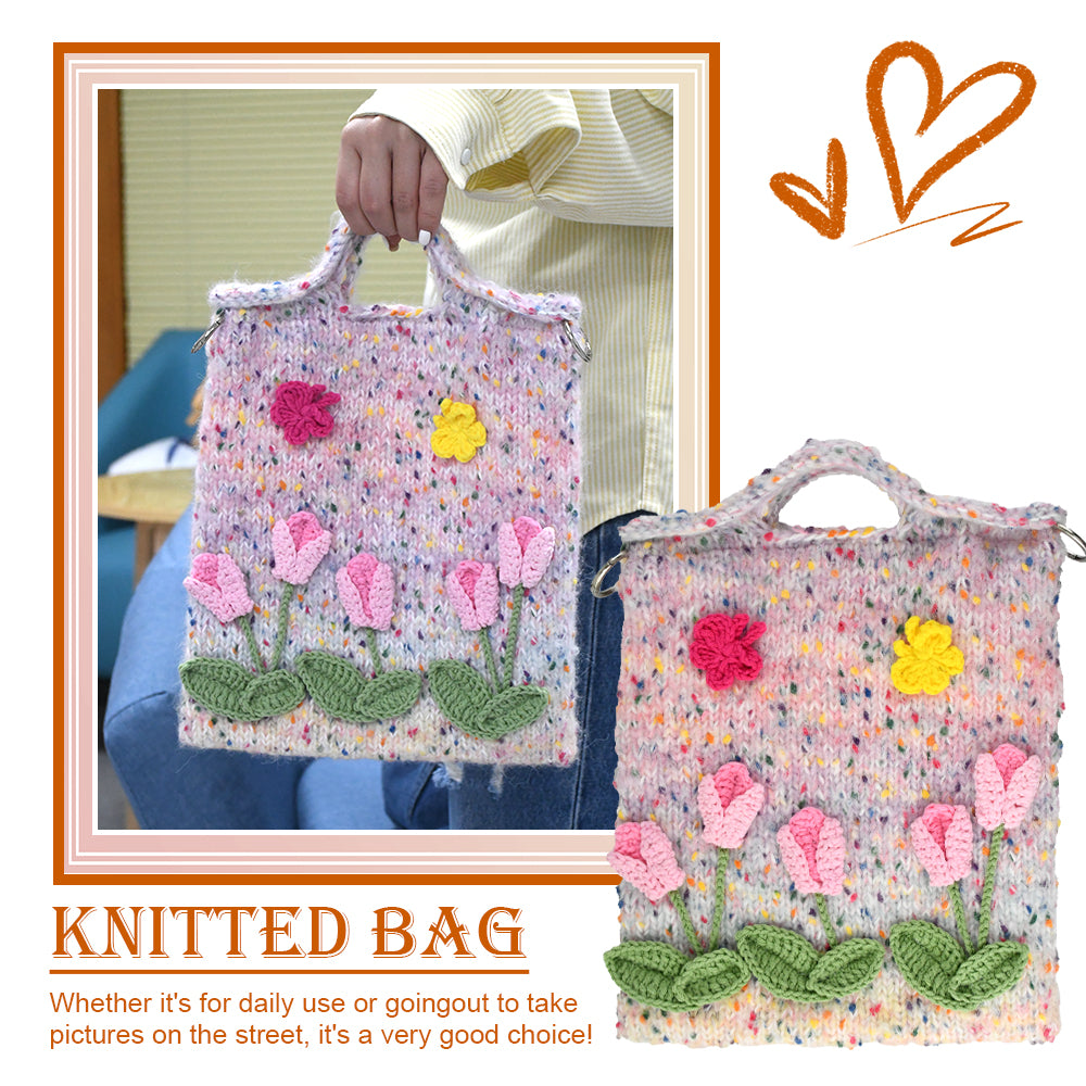 Handwoven knit bag with pink 3D flowers and green leaves, featuring a colorful dotted background, soft and durable, ideal for daily use or decoration.