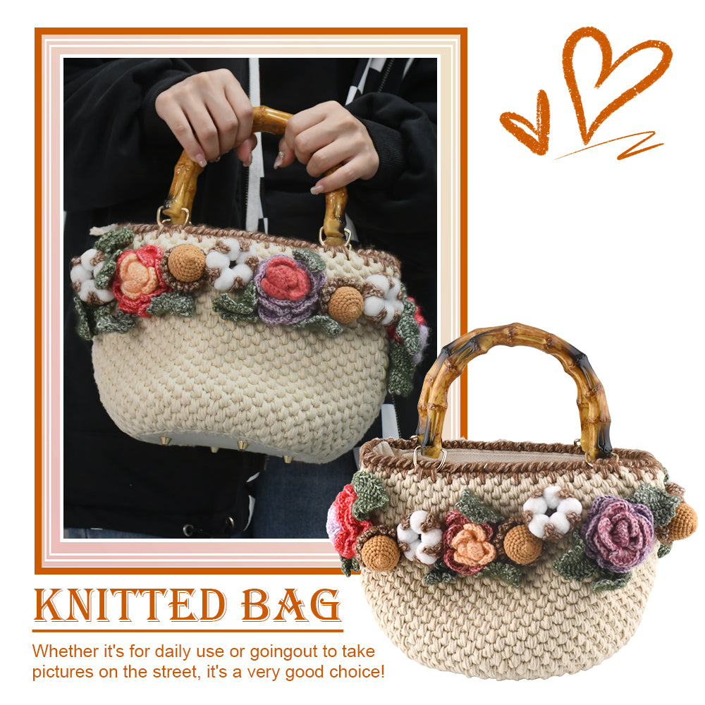 Handwoven cotton tote bag with bamboo handles, decorated with crochet flowers in pink, coral, purple and white cotton blooms, natural beige base

