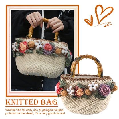 Handwoven cotton tote bag with bamboo handles, decorated with crochet flowers in pink, coral, purple and white cotton blooms, natural beige base
