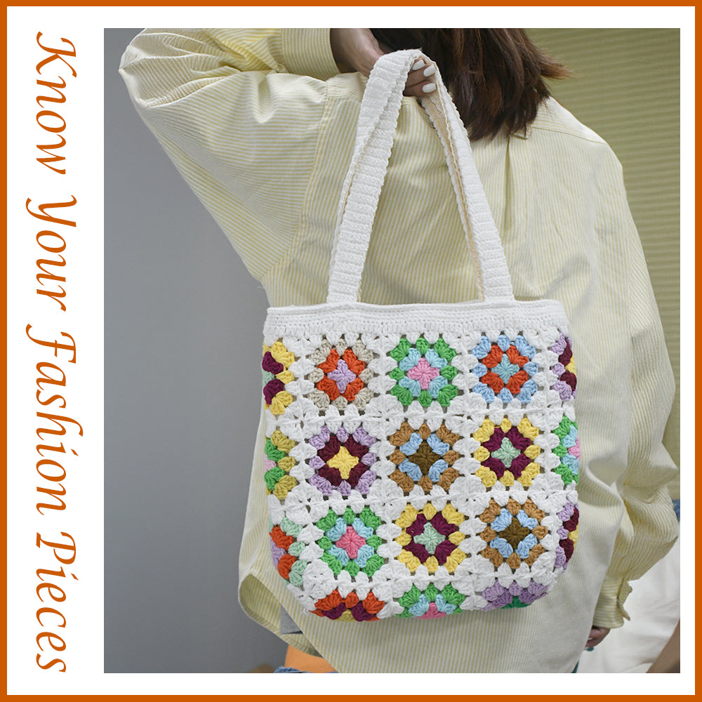 Handwoven colorful tote bag with classic square patchwork design, featuring vibrant colors and soft fabric handles, perfect for daily use or shopping.