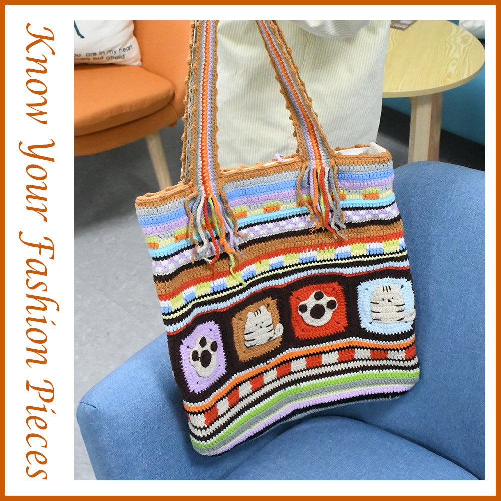 Handwoven colorful bag with cartoon animal patterns (tiger, paw prints) and vibrant striped design. Made of soft fabric, perfect for daily use or shopping.