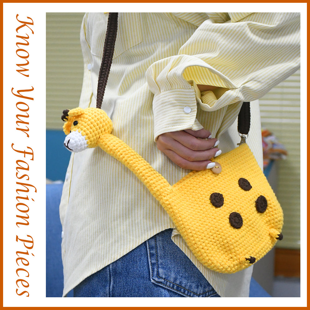 Yellow handwoven cartoon backpack made of soft knit fabric, featuring brown dot accents, a brown strap, and a cute animal-shaped zipper design.