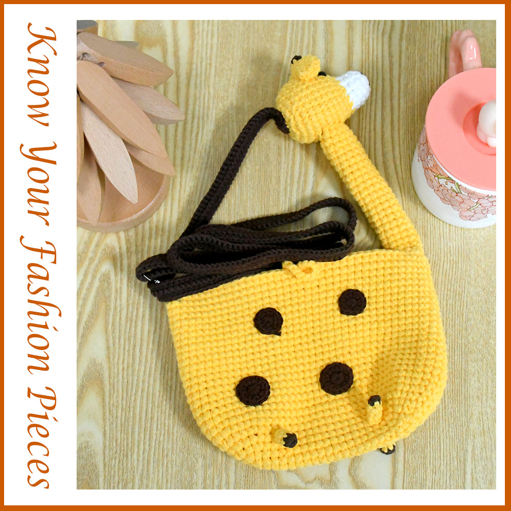 Yellow handwoven cartoon backpack made of soft knit fabric, featuring brown dot accents, a brown strap, and a cute animal-shaped zipper design.