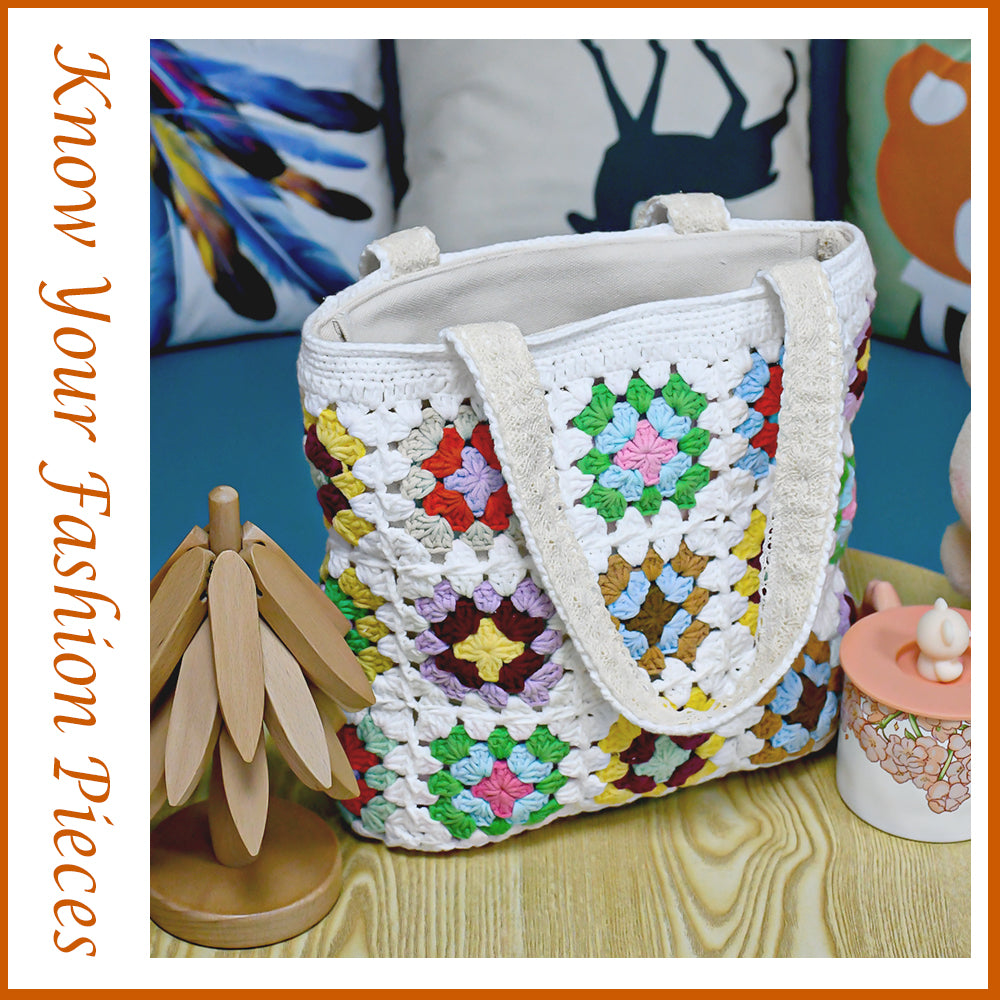 Handwoven colorful tote bag with classic square patchwork design, featuring vibrant colors and soft fabric handles, perfect for daily use or shopping.