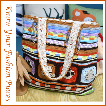 Handwoven colorful bag with cartoon animal patterns (tiger, paw prints) and vibrant striped design. Made of soft fabric, perfect for daily use or shopping.