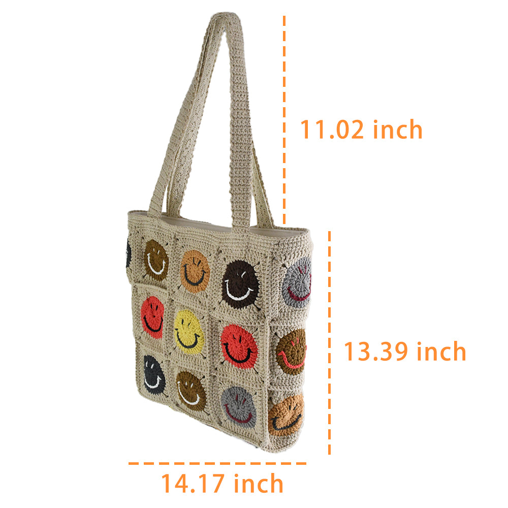 Handmade crochet tote bag with colorful smiley face patterns, featuring a beige base and sturdy knitted straps. Lightweight and spacious, perfect for casual outings, shopping, or daily use.