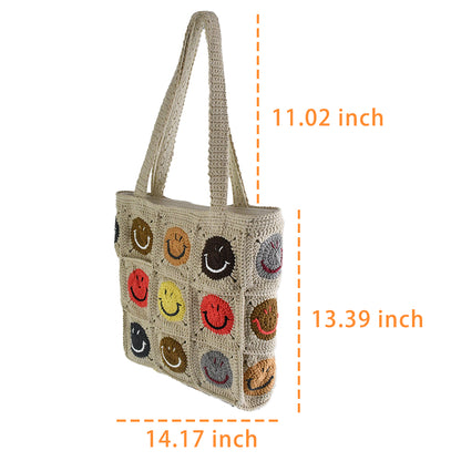 Handmade crochet tote bag with colorful smiley face patterns, featuring a beige base and sturdy knitted straps. Lightweight and spacious, perfect for casual outings, shopping, or daily use.